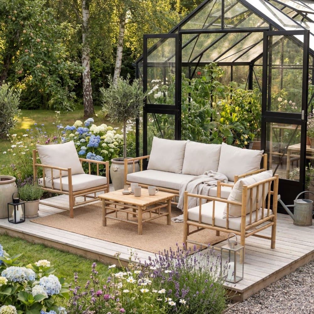 Loungegrupp/soffgrupp i bambu | Dynor med avtagbar klädsel | Lovön