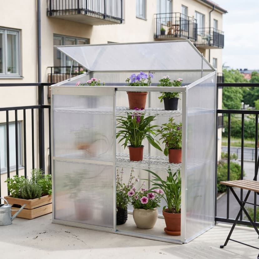 Växthus för balkong | Kanalplast | 129x58x140 cm | Aluminiumram