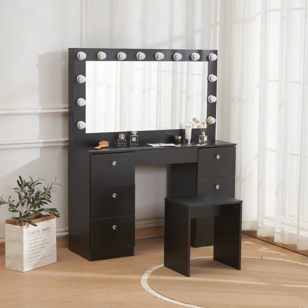 Sminkbord med LED-spegel | 14 lampor, 7 lådor & kristallhandtag | Svart