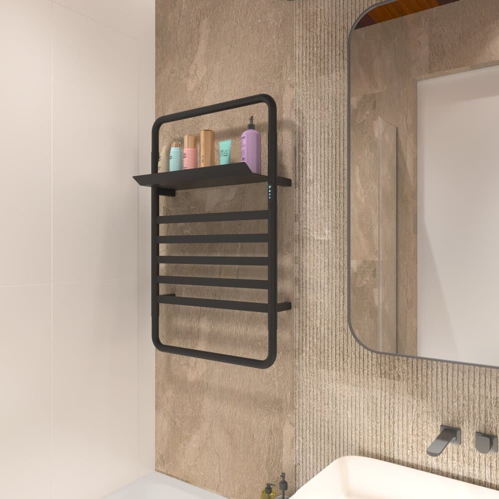Svart handdukstork med timer och hylla | 60x90 cm | Stilren elmodell