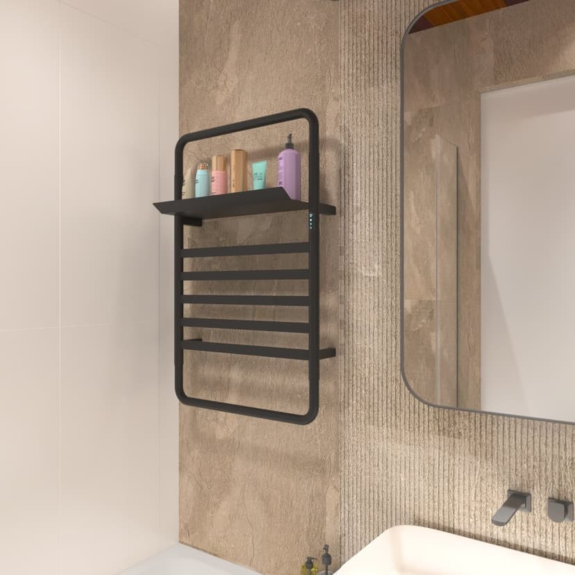 Svart handdukstork med timer och hylla | 60x90 cm | Stilren elmodell