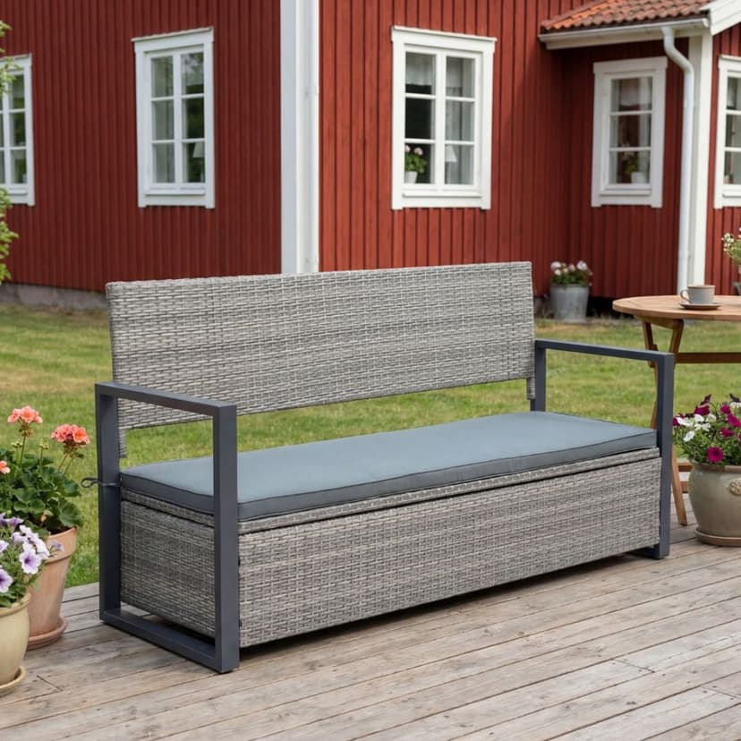 Bänk med dynförvaring 165 cm | Grå konstrotting | Dynor ingår | Boxvik