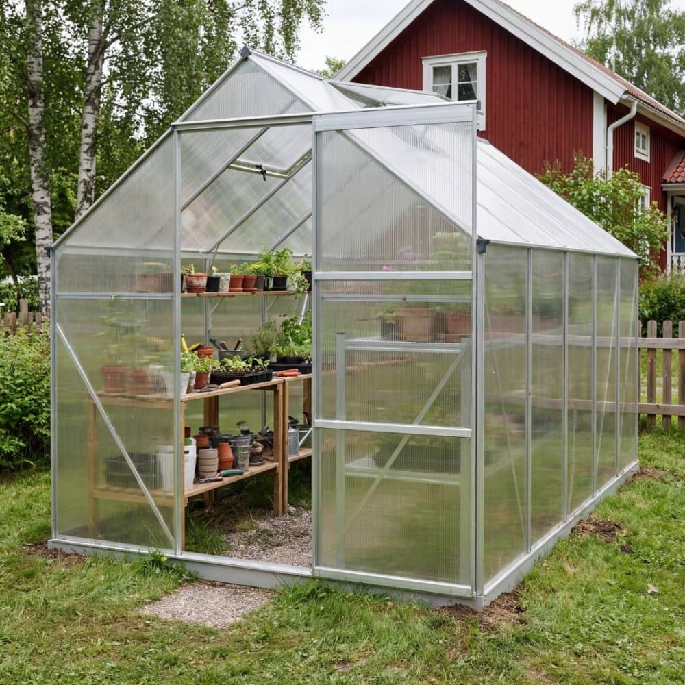 Klassiskt växthus i aluminium 5,9 m² | UV-skyddad kanalplast & bas ingår