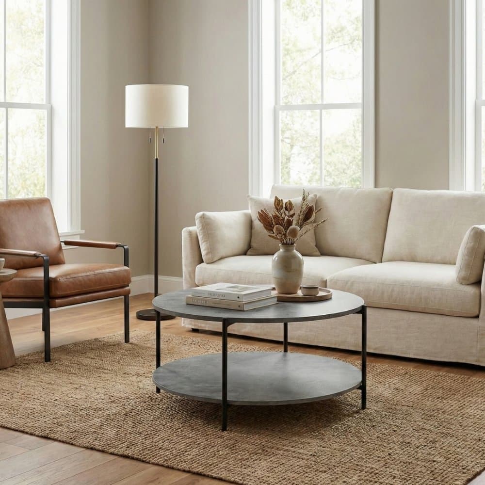 Soffbord Ø90 cm | Cementimitation med svart metallram & hylla | Shanghai