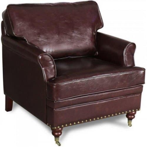 Professor skinnfåtölj i äkta brunt läder | klassisk Howard-fåtölj med hjul