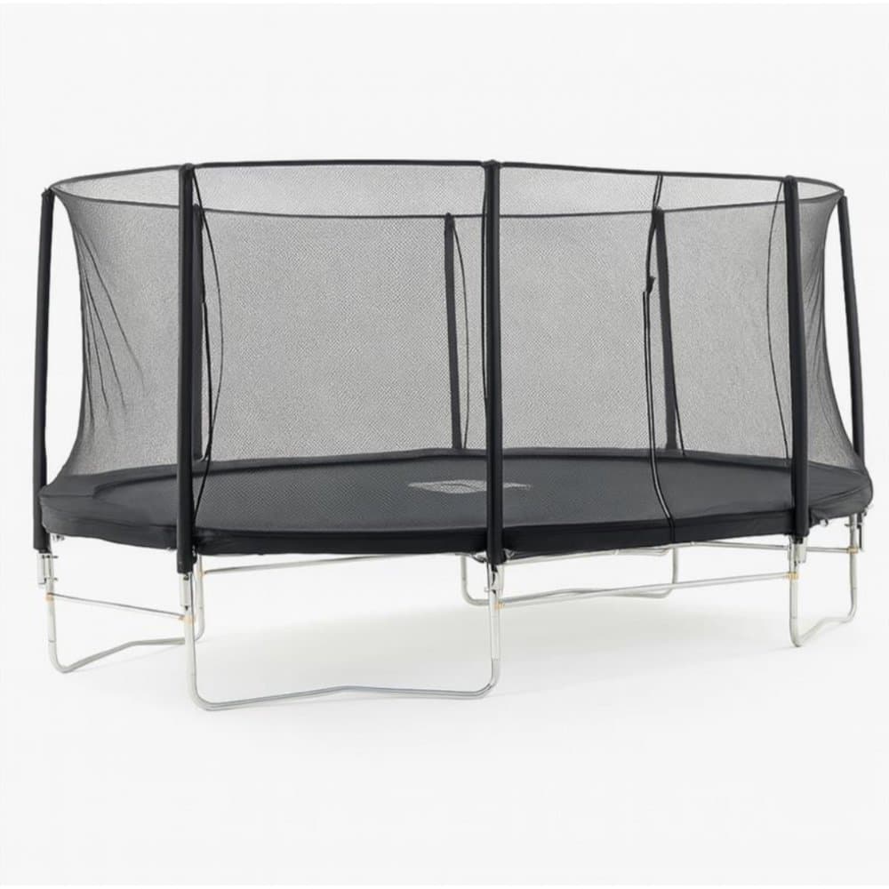 Stor oval studsmatta 3,05 x 4,88 m | Säkerhetsnät & stabil stålram för trädgårdslek | Svart