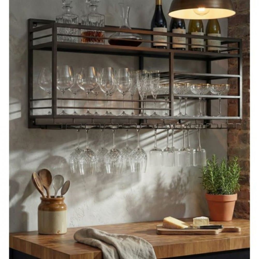 Vägghängd vinhylla | Vin & glasförvaring | Tom vänster | 99 × 25 × 65 cm | Obsidian