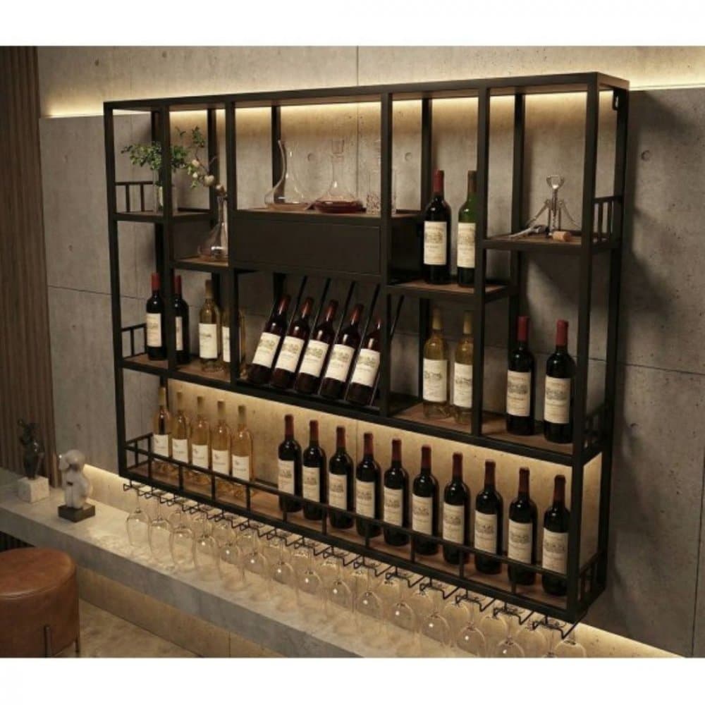 Vägghängd barhylla i svart metall | Vin, glas & flaskförvaring | 150 × 120 cm