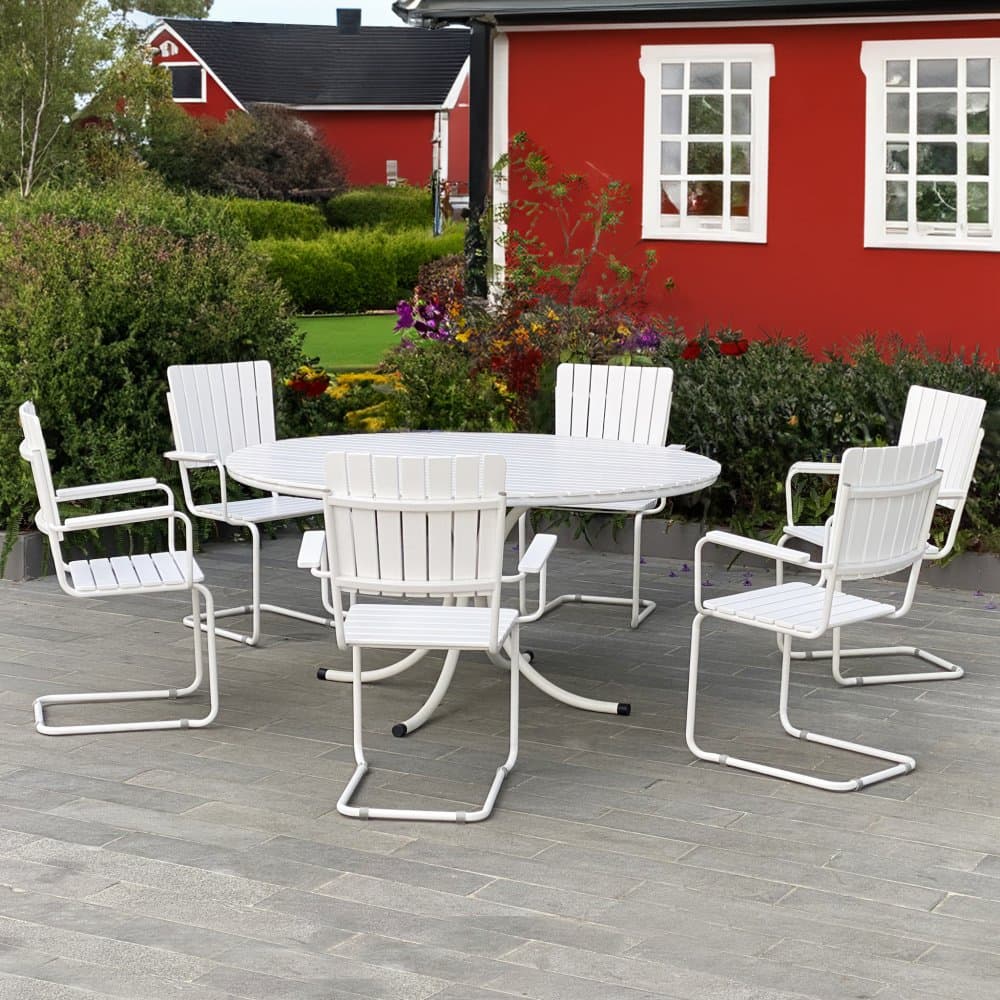 Rund utemöbel matgrupp | Bord med 6 stolar | Vitlaserad akacia | Gräsö