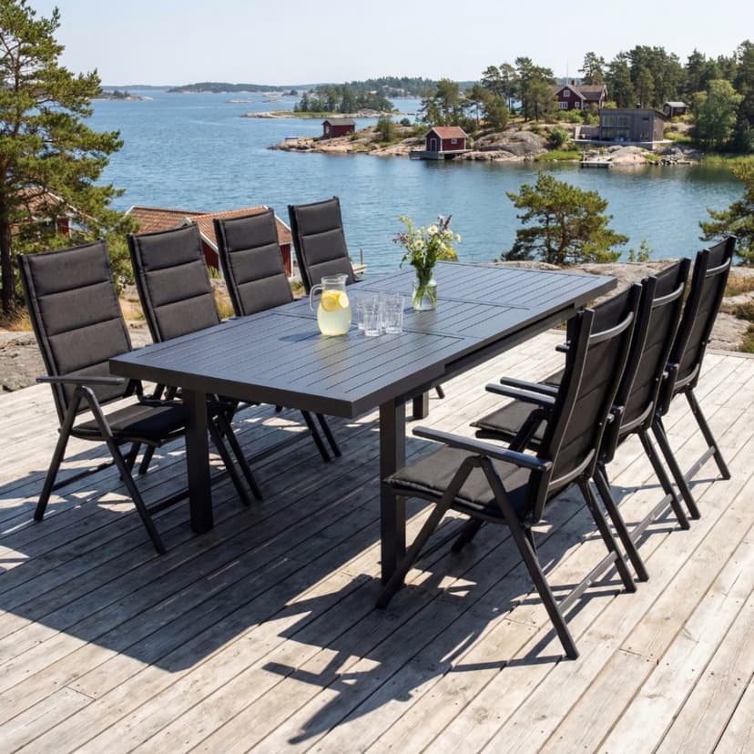 Förlängningsbart bord i aluminium 180-240cm | 8 positionsstolar