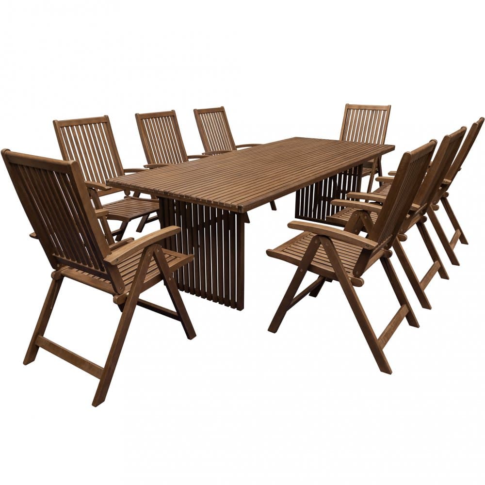 Matgrupp i eukalyptus trä | Stor utemöbel med 8 positionsstolar | Sandviken