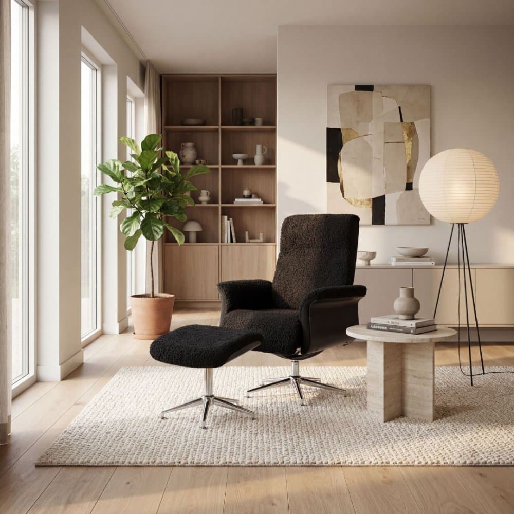 Hagön fåtölj med fotpall | Antracit teddy, recliner & snurrstativ | Lyxig komfort och modern design