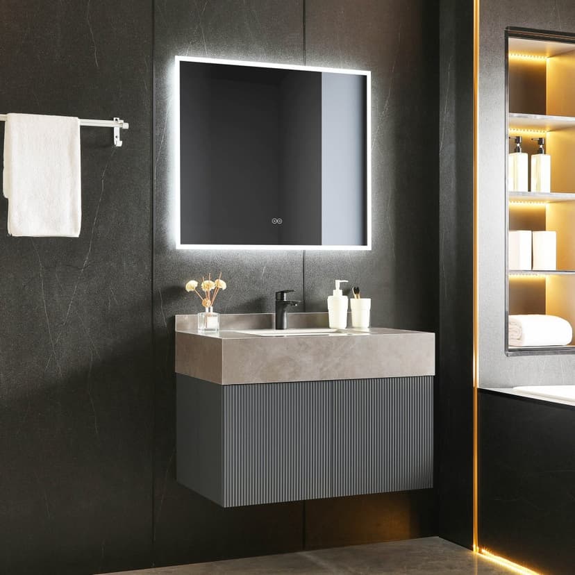 Badrumspaket 80cm | Tålig sintrad sten | LED-spegel | Cirrus Grey
