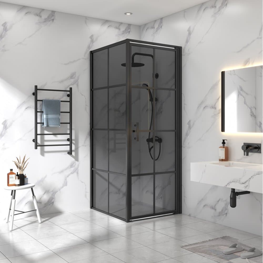 Duschhörna 90x90x200 | Svarttonat glas | Svart spröjs