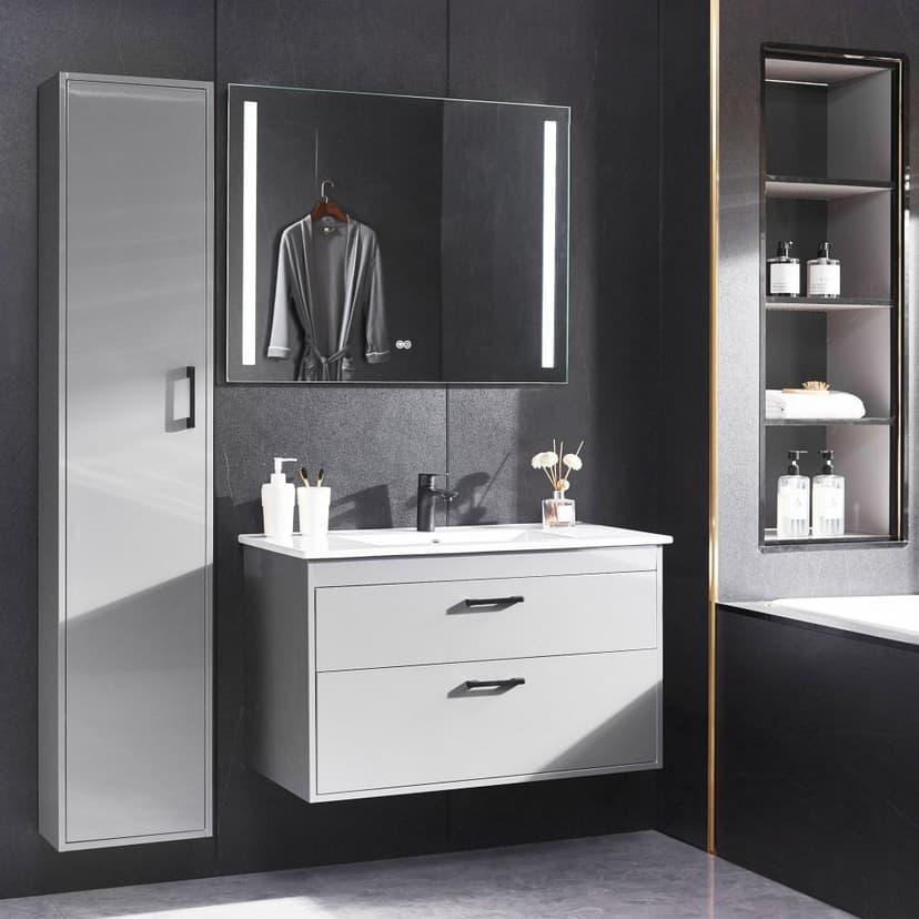 Badrumspaket | Kommod 90 cm | Sidoskåp & LED-spegel | Grå