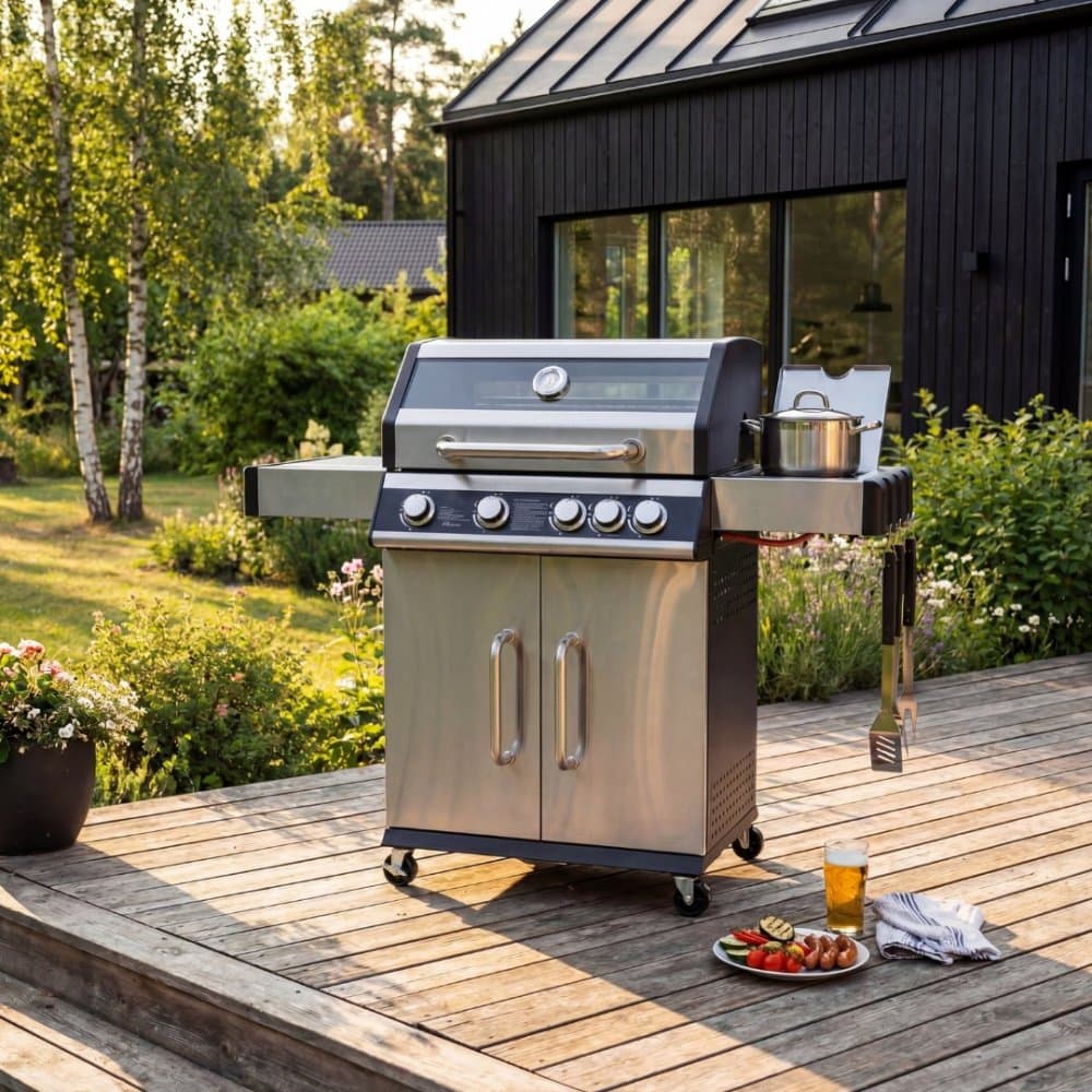Rostfri gasolgrill med sidobrännare | Lock med glasfönster | Kansas