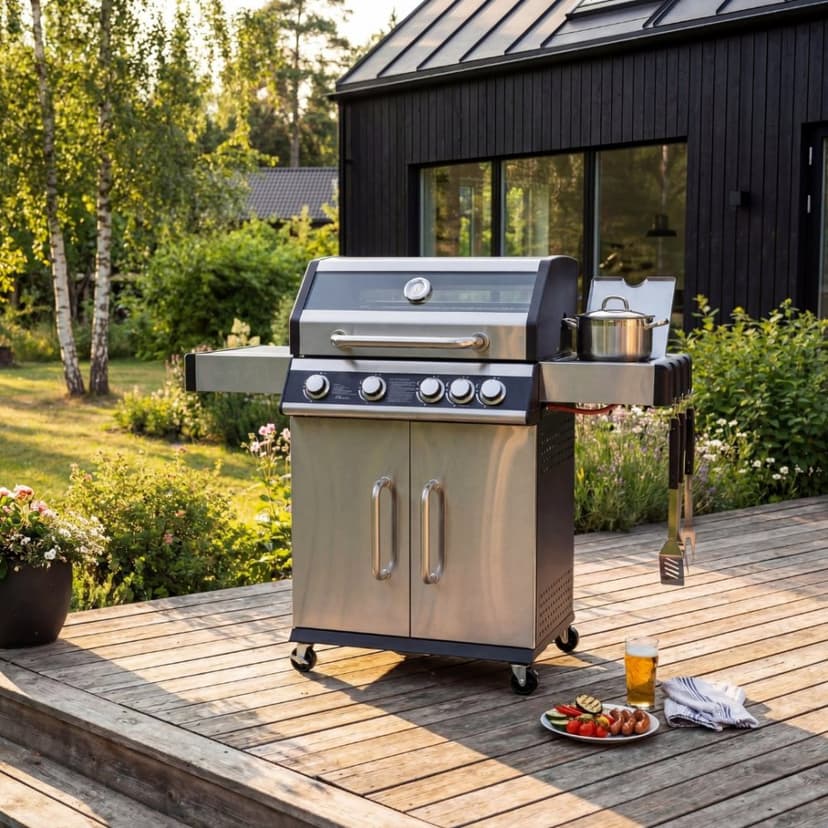 Rostfri gasolgrill med sidobrännare | Lock med glasfönster | Kansas