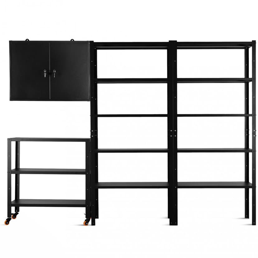 Lagerhylla med skåp och rullvagn