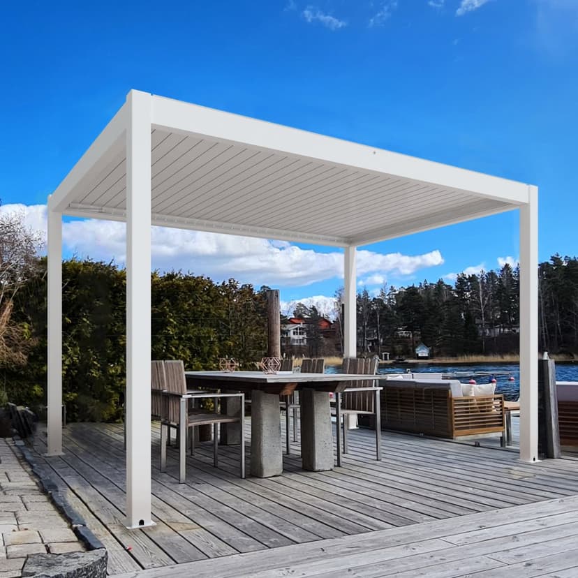 Motordriven Pergola 4x3m | Aluminium | Inbyggd LED belysning | Vit