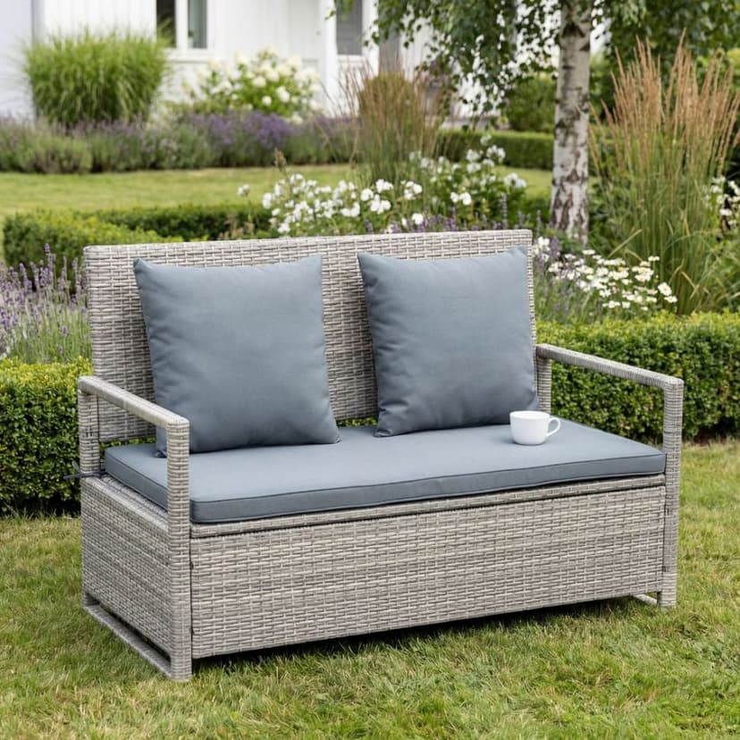 Bänk med dynförvaring 129 cm | Grå konstrotting | Dynor ingår | Boxvik