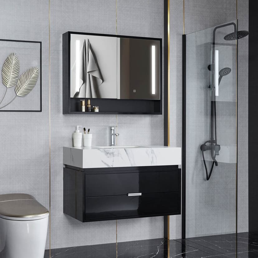 Badrumsmöbel 90cm | LED-spegelskåp | Marmorerad bänkskiva | Svart