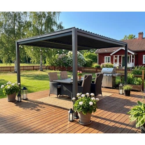 Pergola 4x3 m med lamelltak | Grå stålpergola för uteplats & trädgård