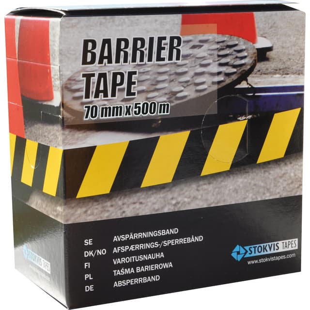 AVSPÄRRNINGSBAND GUL/SVART 70MM 500M | Beijerbygg Byggmaterial