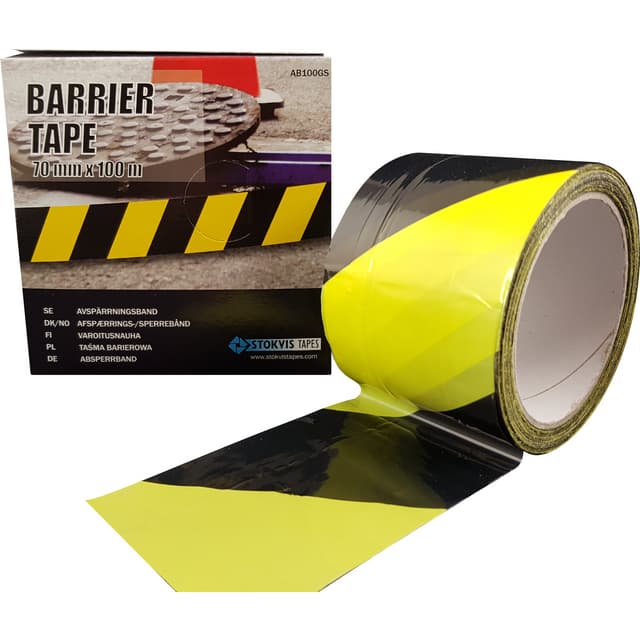 AVSPÄRRNINGSBAND GUL/SVART 70MM 100M | Beijerbygg Byggmaterial