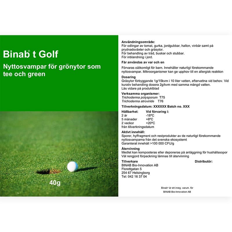Binab t Golf, 40 gram, baserad på Trichoderma svampar, aktiv inom 48 timmar, hållbarhet 2 år vid -18°C.