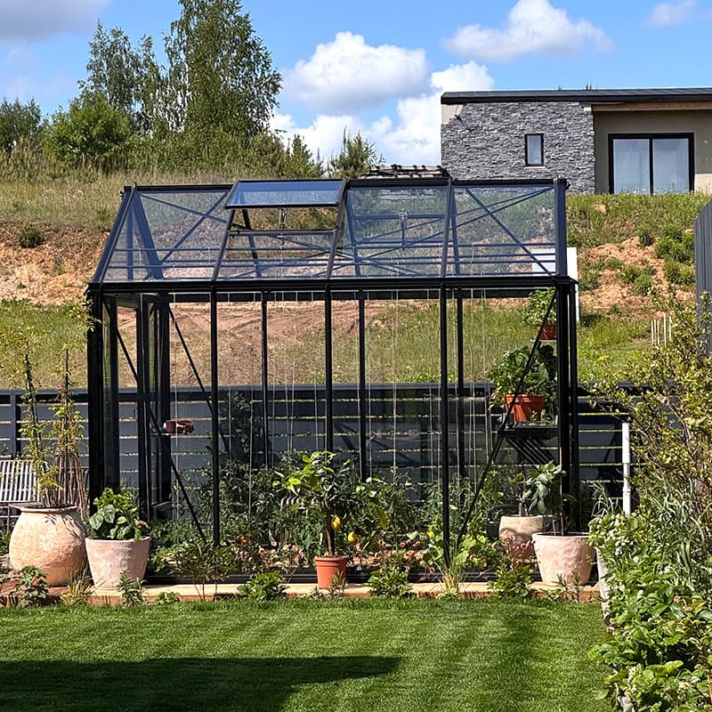 Ventus 7,3 kvm svart, Litet växthus, 7,3 kvm, Svart, Skjutdörr, 2 ventilationsfönster