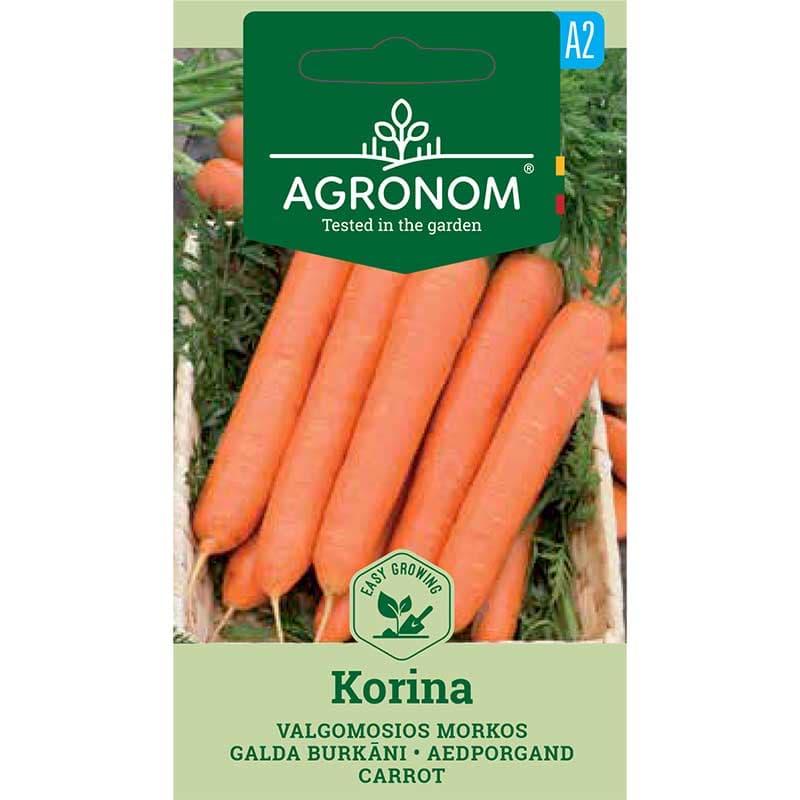 Morot 'Korina', orange, upp till 20 cm lång, trivs i mullrik ler- och sandjord.