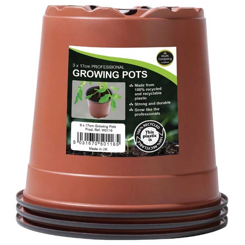 Planteringskruka 17 cm, 3-pack, återvunnen plast, dränering, för odling av grönsaker och prydnadsväxter.