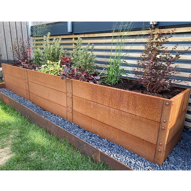 Odlingslåda cortenplåt 360x60x60 cm, 2 mm svenskt stål, 3 nivåer, hållbar, roststruktur.
