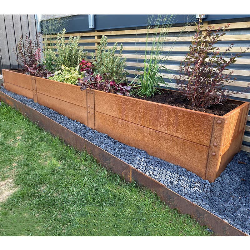 Odlingslåda cortenplåt 360x60x40 cm, 2 mm svenskt stål, 2 nivåer, hållbar, roststruktur.
