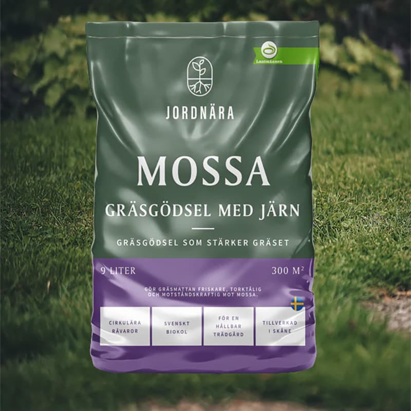 Gräsgödsel Mossa Jordnära, 9 liter. NPK: 9-1,5-4 + 6 Fe. För en tät och frisk gräsmatta.