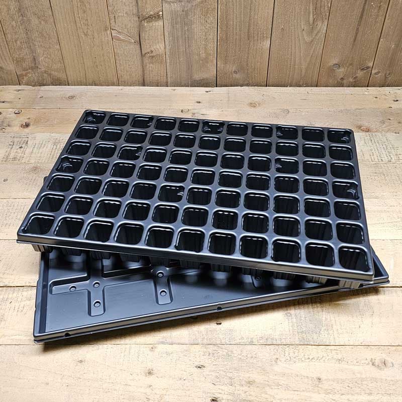 Pluggbrätte 77 celler + bevattningsbricka, 33 x 51 cm, återvunnen polystyren, proffskvalitet.