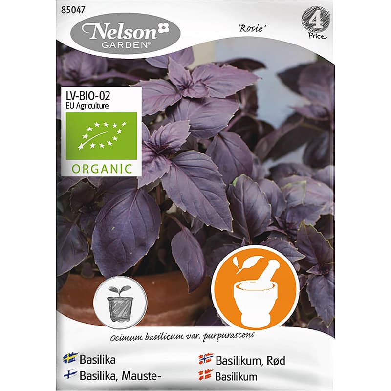 Basilika Rosie, ekologisk, röd färg, höjd 25-30 cm, växtläge sol, 208 frön, räcker till 50 plantor.