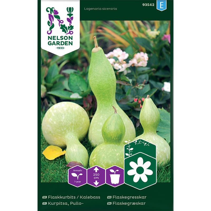 Flaskkurbits, kalebass, grön, 250 cm hög, soligt läge, lättodlad, 16 frön, räcker till 5-8 plantor.