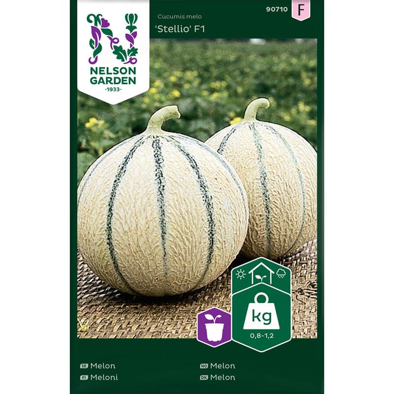 Melon 'Stellio' F1, rund frukt, tidig mognad, sol, kraftigväxande, lucker näringsrik jord.