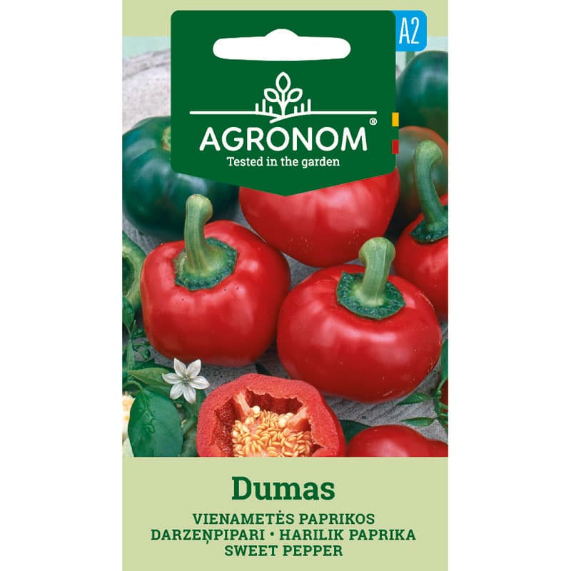Paprika 'Dumas', mörkgrön, rund frukt, 90-100 gram, växer i växthus/friland, soligt läge.