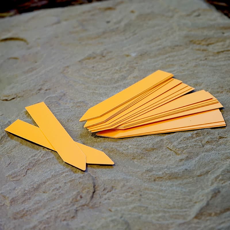Plantetiketter 20-pack, orange, plast, 10x1,5 cm, fukt- och jordbeständiga, märkning av fröer och plantor.