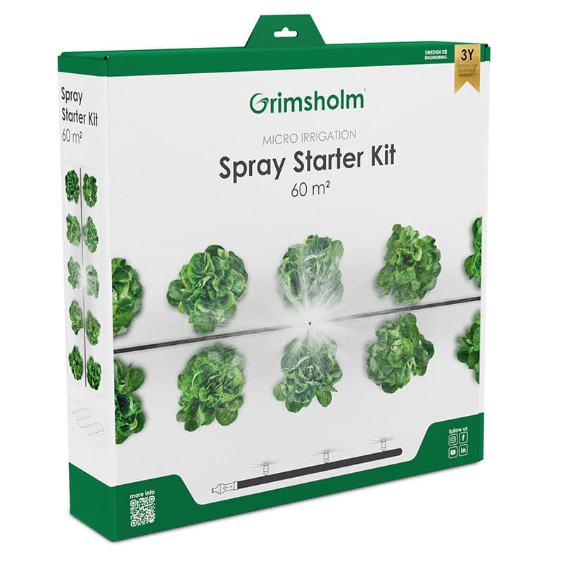Spraybevattning startkit för 60 m². Finfördelad bevattning med spraymunstycken. Enkel installation och vattensmart lösning för större odlingar.