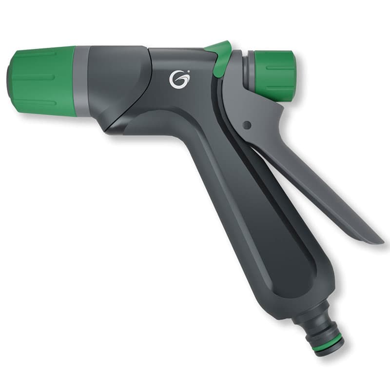 Spraypistol med kraftfull jetstråle för effektiv rengöring och bevattning. Ergonomisk och kompatibel med flera bevattningssystem.